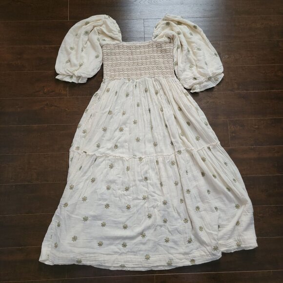 Free People Dahlia Maxi Dress Womens L Boho Cottage Embroidered Yellow Peasant - Picture 2 of 7